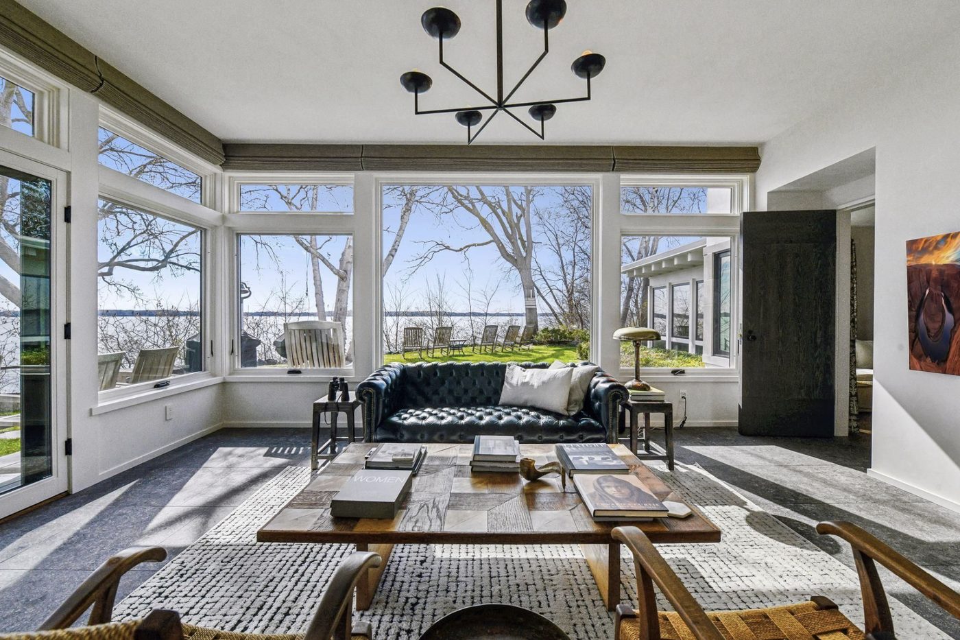 Lower level living room of a Lake Minnetonka estate, staged by Domicile Curated Living